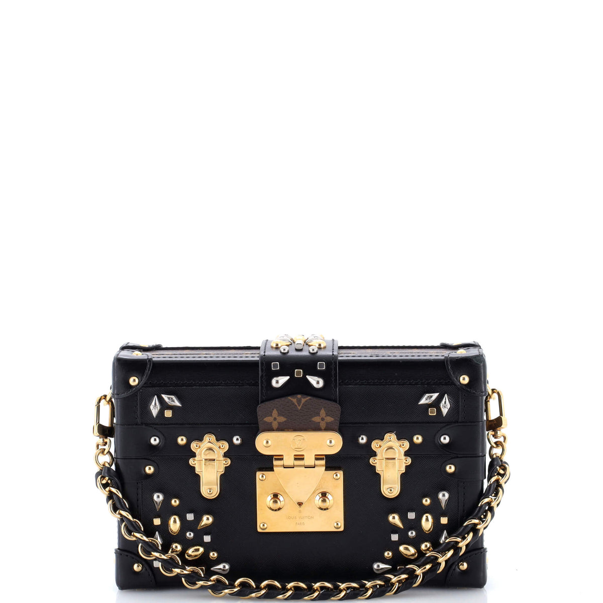 Petite Malle Handbag Studded Taiga Leather and Monogram Canvas