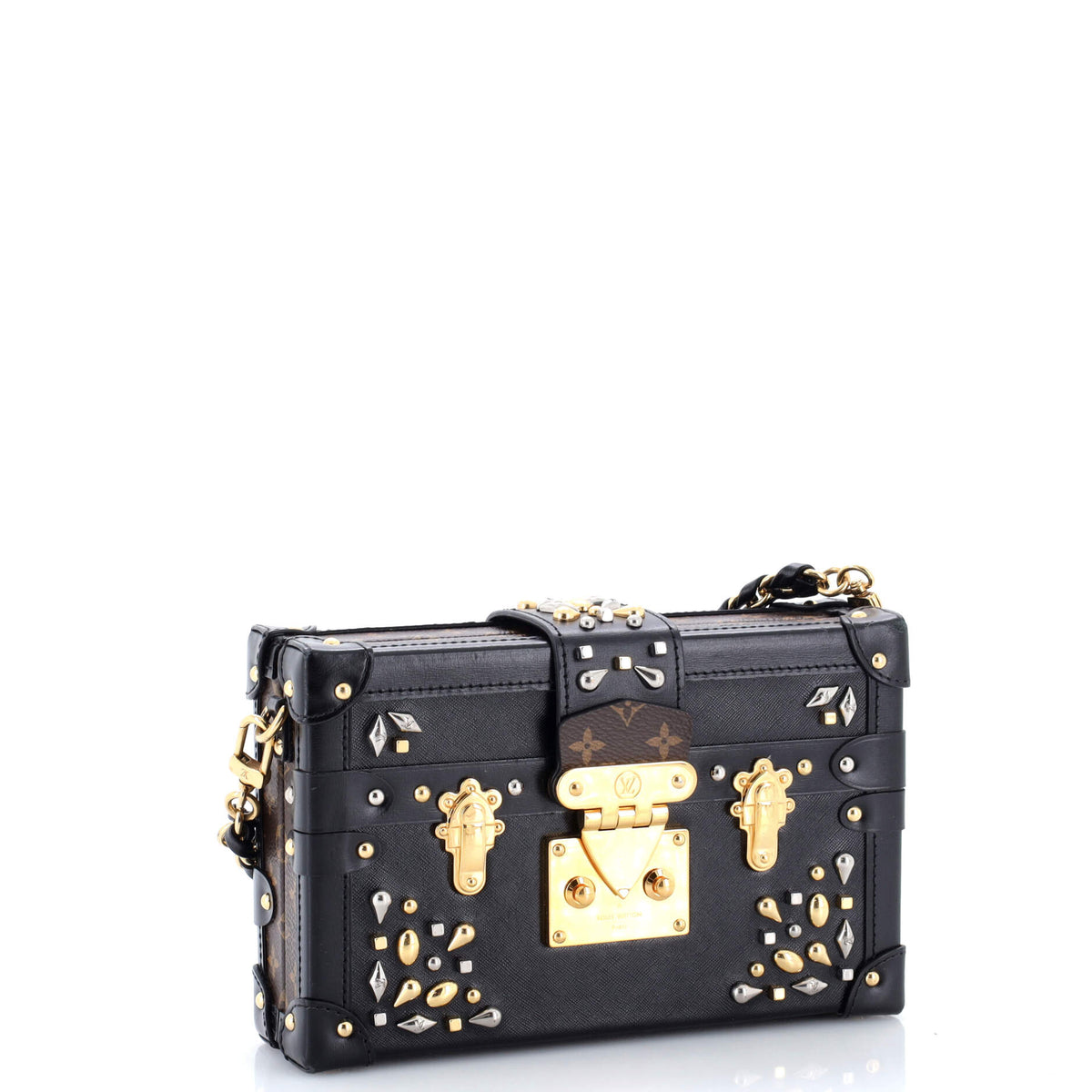 Petite Malle Handbag Studded Taiga Leather and Monogram Canvas